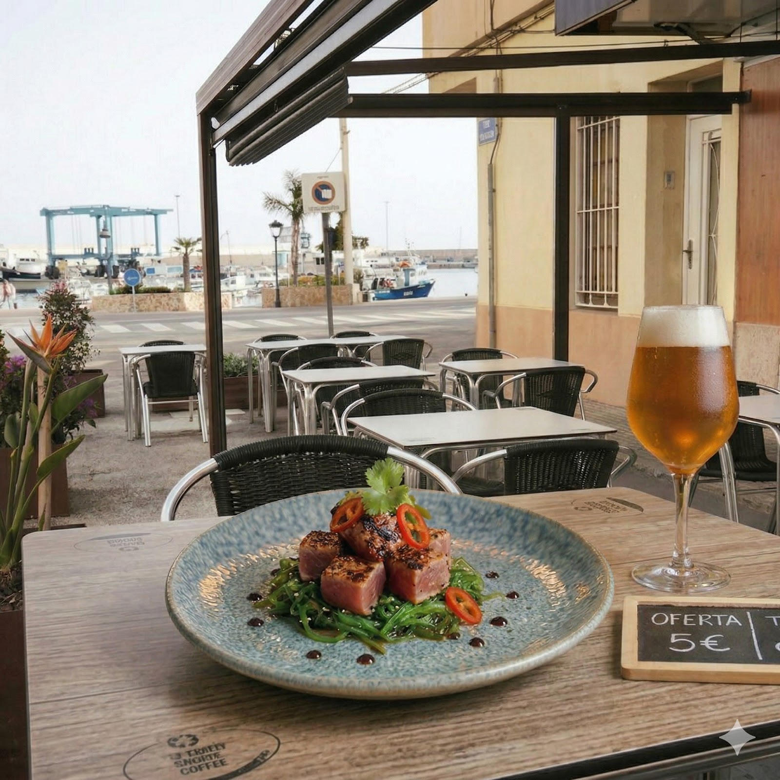 Atún rojo a la plancha servido en la terraza, con el puerto de fondo