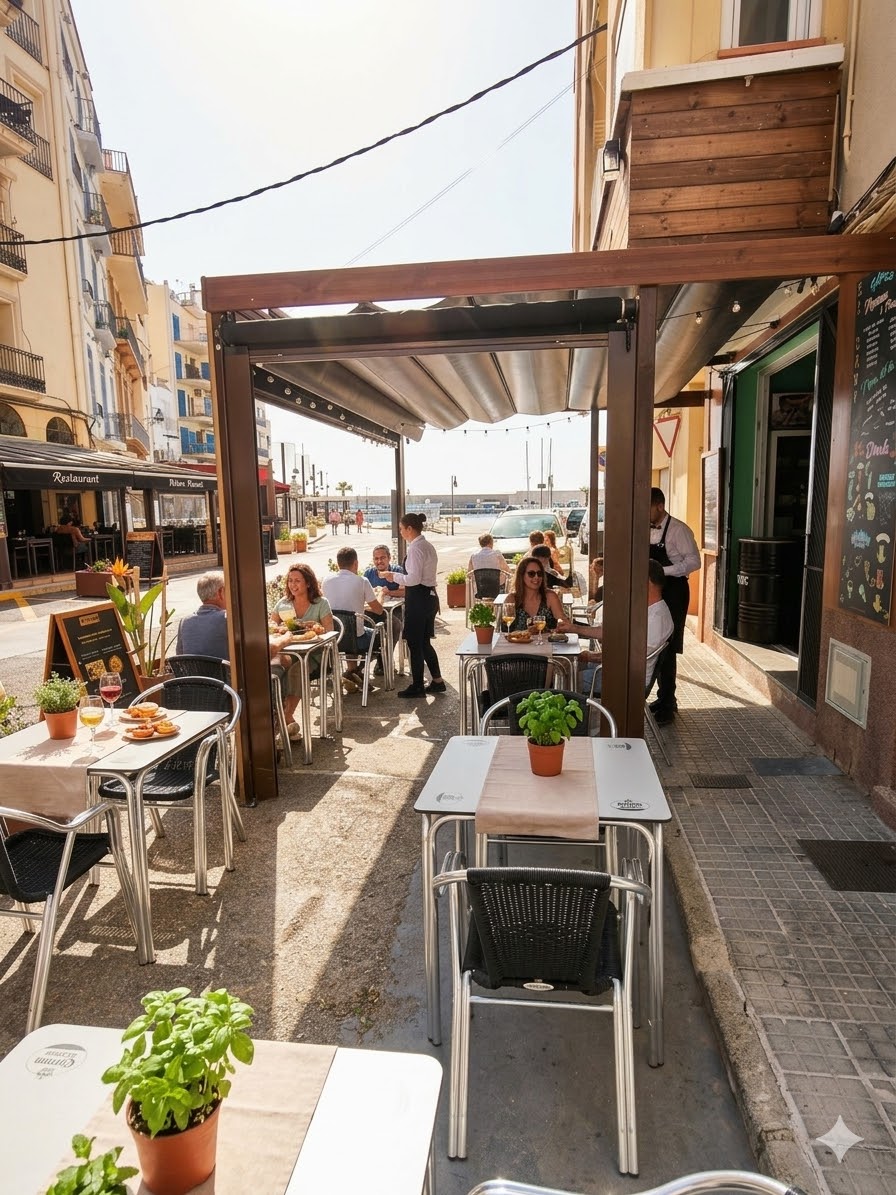 Terraza de El Canó en el Carrer Major de L'Ametlla de Mar, con el puerto al fondo